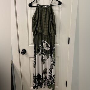 Lily by Firmiana Elegant Green Vintage  Floral Halter Maxi Dress M